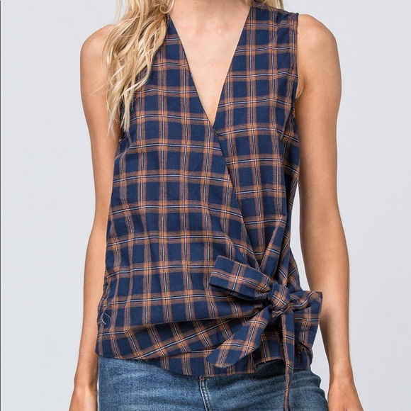 NAVY PLAID SURPLICE TOP with SELF TIE ON THE SIDE - Picture 2 of 8